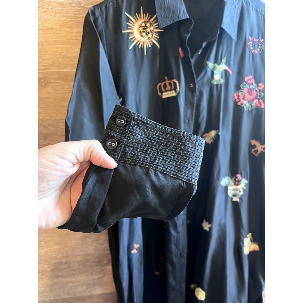 Johnny Was Dress Small maxi  Black Sill embroidered full buttons long sleeves